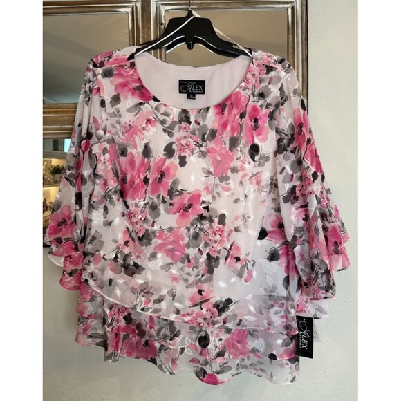 Alex Evenings Size 3X Chiffon Blouse Pink Layers Asymmetrical Floral NEW - Picture 1 of 11